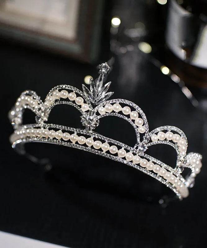 Stylish Silk Silvering Zircon Pearl Girl Crown IU053