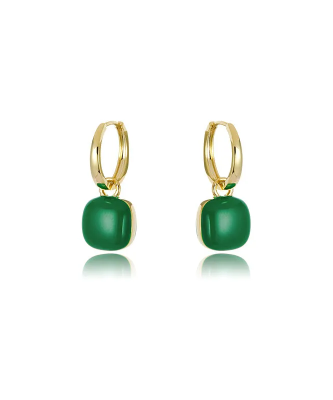 Unique Green Copper Overgild 18K Gem Stone Square Drop Earrings