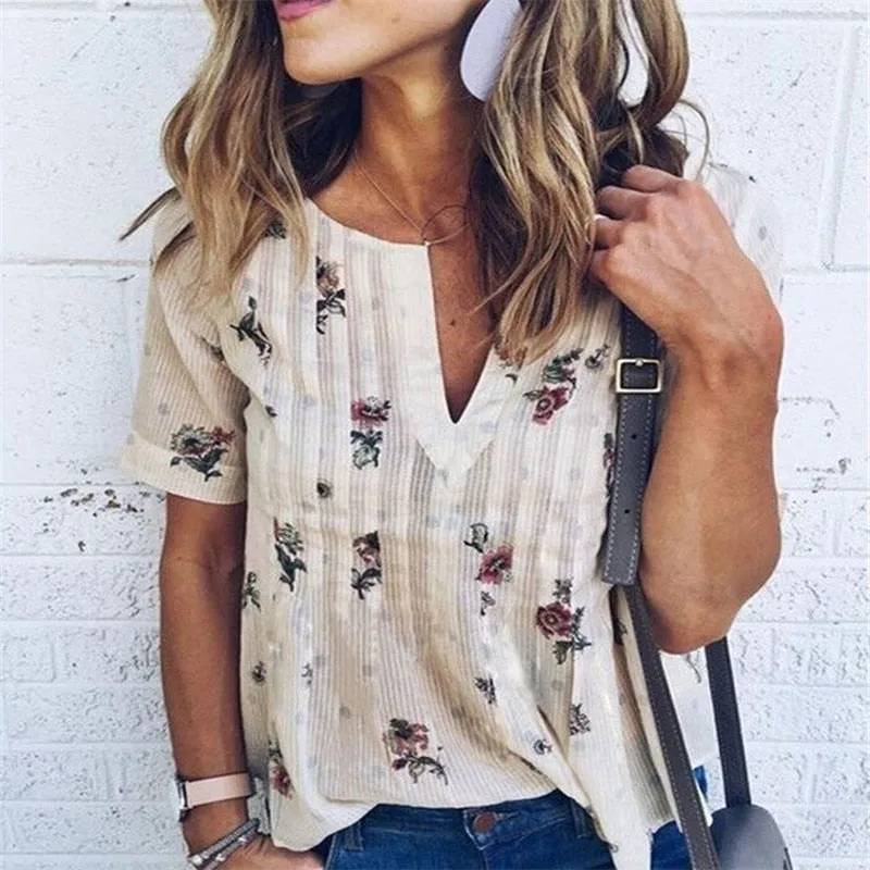 VenusFox Short Sleeve V-neck Floral Shirts Elegant Shirt