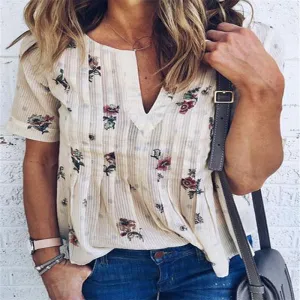 VenusFox Short Sleeve V-neck Floral Shirts Elegant Shirt