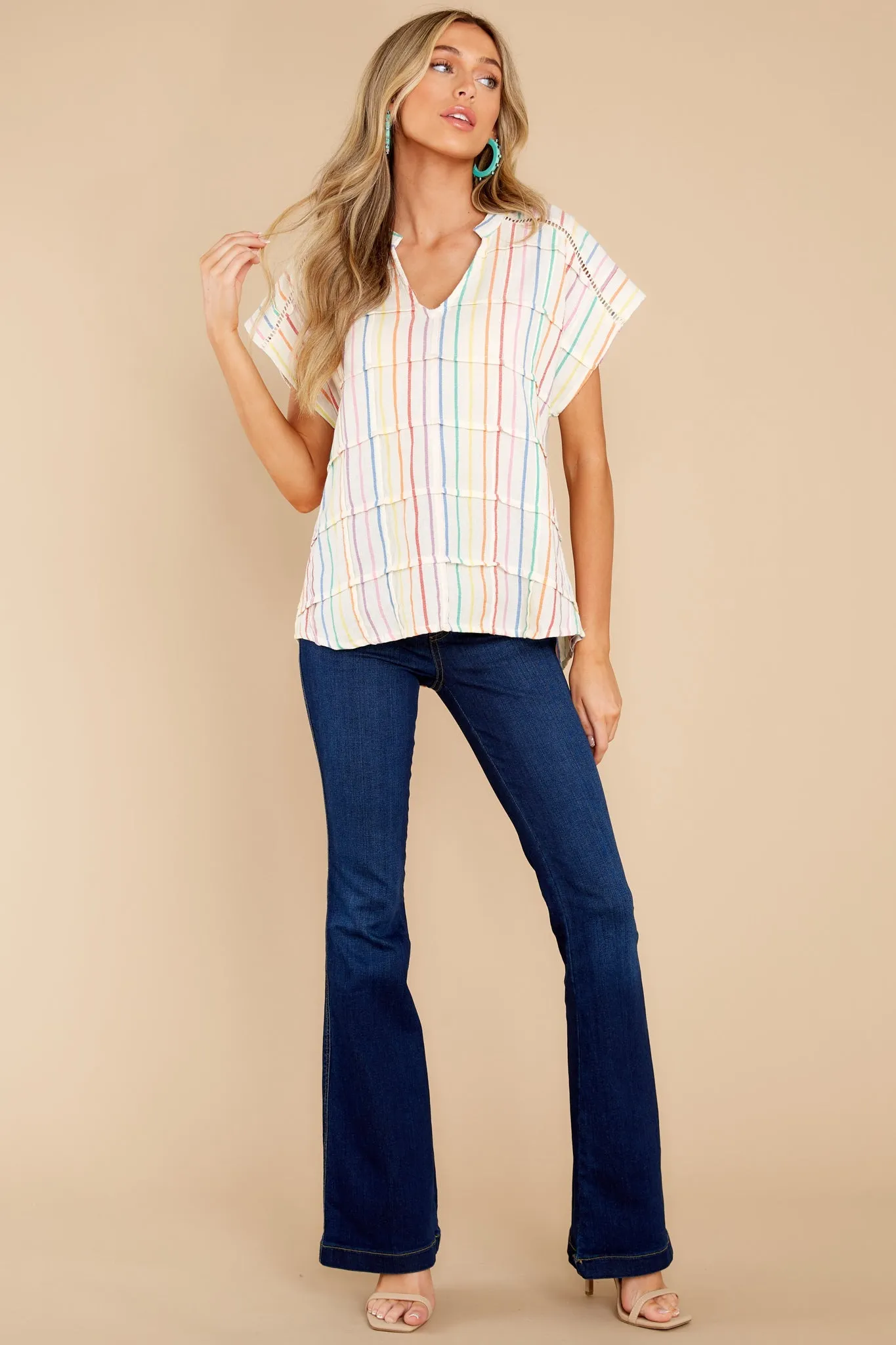 Watching Rainbows Off White Multi Stripe Cotton Top