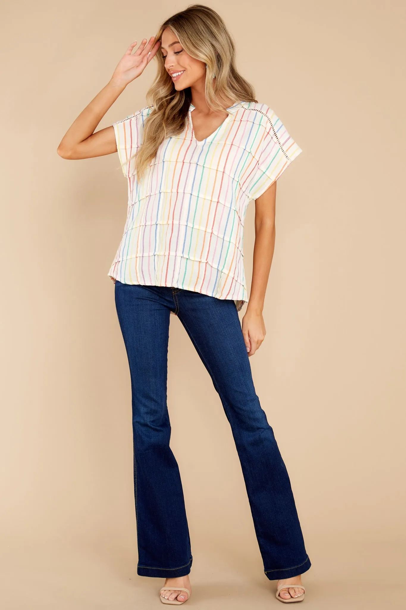 Watching Rainbows Off White Multi Stripe Cotton Top