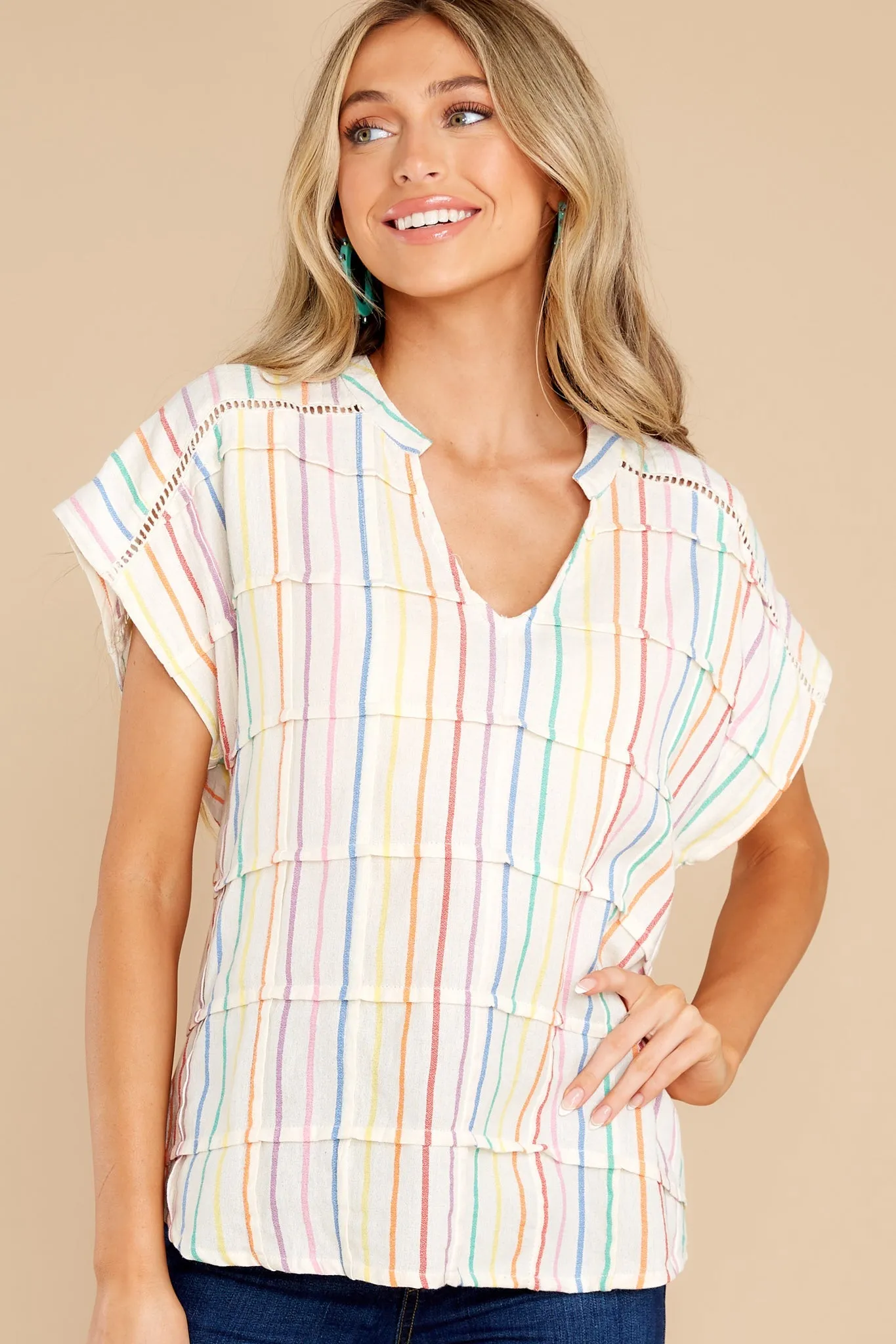 Watching Rainbows Off White Multi Stripe Cotton Top