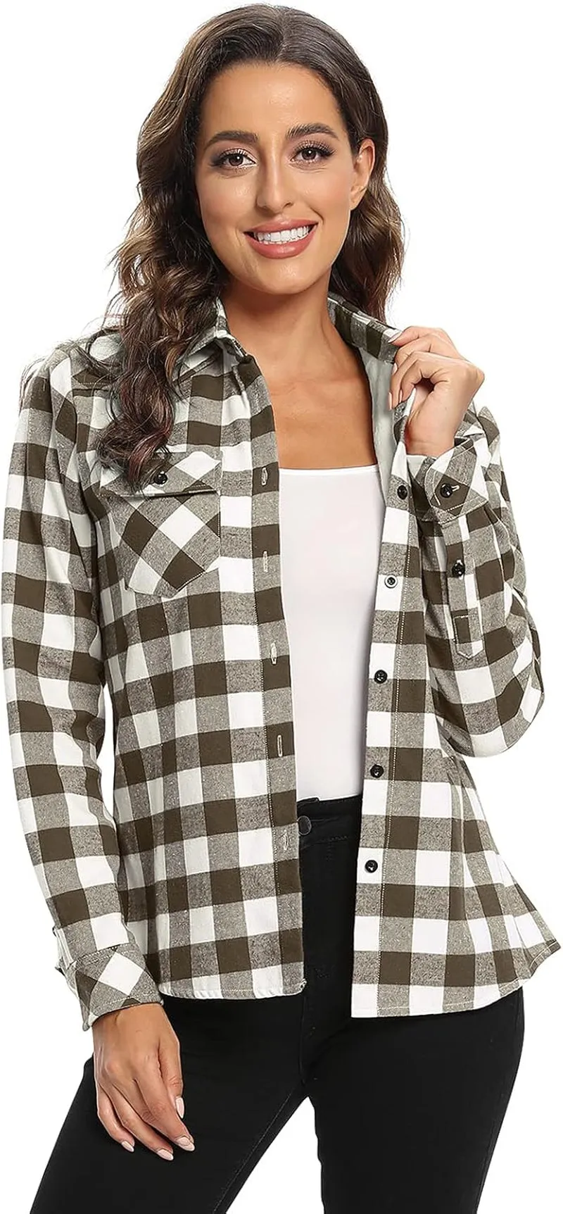 Women'S Flannel Shirts Plaid Shacket, Long Sleeve Fleece Lined Shirt Jacket Winter Tops